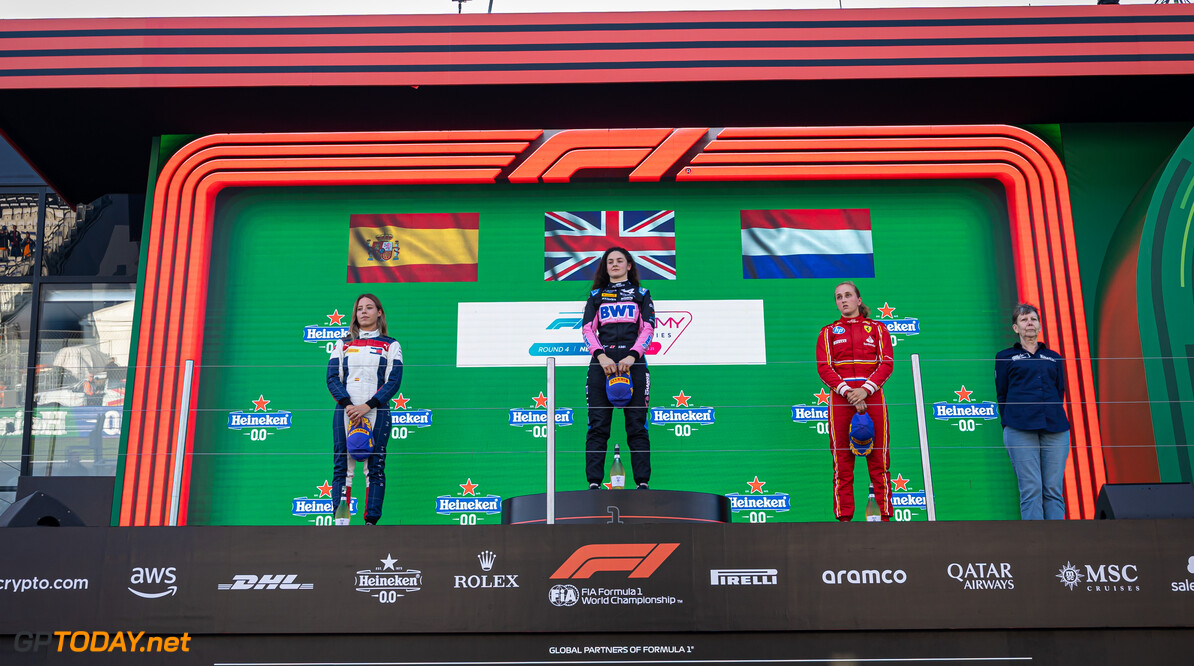 FIA Formula Academy
The podium (L to R): Nerea Marti (ESP) Campos Racing, second; Abbi Pulling (GBR) Rodin Motorsport, race winner; Maya Weug (NLD) Prema, third.

25.08.2024. FIA Formula Academy, Rd 4, Race 1, Zandvoort, Netherlands, Sunday.

- www.xpbimages.com, EMail: requests@xpbimages.com Copyright: XPB Images
Motor Racing - FIA Formula Academy - Sunday - Zandvoort, Netherlands
xpbimages.com
Zandvoort
Netherlands

August Sunday Circuit Zandvoort August The Netherlands Holland N