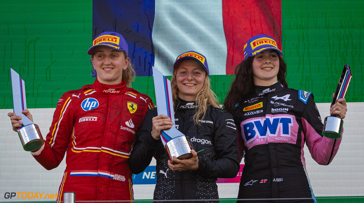 FIA Formula Academy
The podium (L to R): Maya Weug (NLD) Prema, second; Doriane Pin (FRA) Prema Racing, race winner; Abbi Pulling (GBR) Rodin Motorsport, third.

25.08.2024. FIA Formula Academy, Rd 4, Race 2, Zandvoort, Netherlands, Sunday.

- www.xpbimages.com, EMail: requests@xpbimages.com Copyright: XPB Images
Motor Racing - FIA Formula Academy - Sunday - Zandvoort, Netherlands
xpbimages.com
Zandvoort
Netherlands

August Sunday Circuit Zandvoort August The Netherlands Holland N