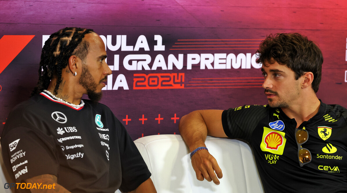 Formula One World Championship
(L to R): Lewis Hamilton (GBR) Mercedes AMG F1 and Charles Leclerc (MON) Ferrari in the FIA Press Conference.

29.08.2024. Formula 1 World Championship, Rd 16, Italian Grand Prix, Monza, Italy, Preparation Day.

- www.xpbimages.com, EMail: requests@xpbimages.com (C) Copyright: Bearne / XPB Images
Motor Racing - Formula One World Championship - Italian Grand Prix - Preparation Day - Monza, Italy
XPB Images
Monza
Italy

Formel1 Formel F1 Formula 1 Formula1 GP Grand Prix one Italy Ita