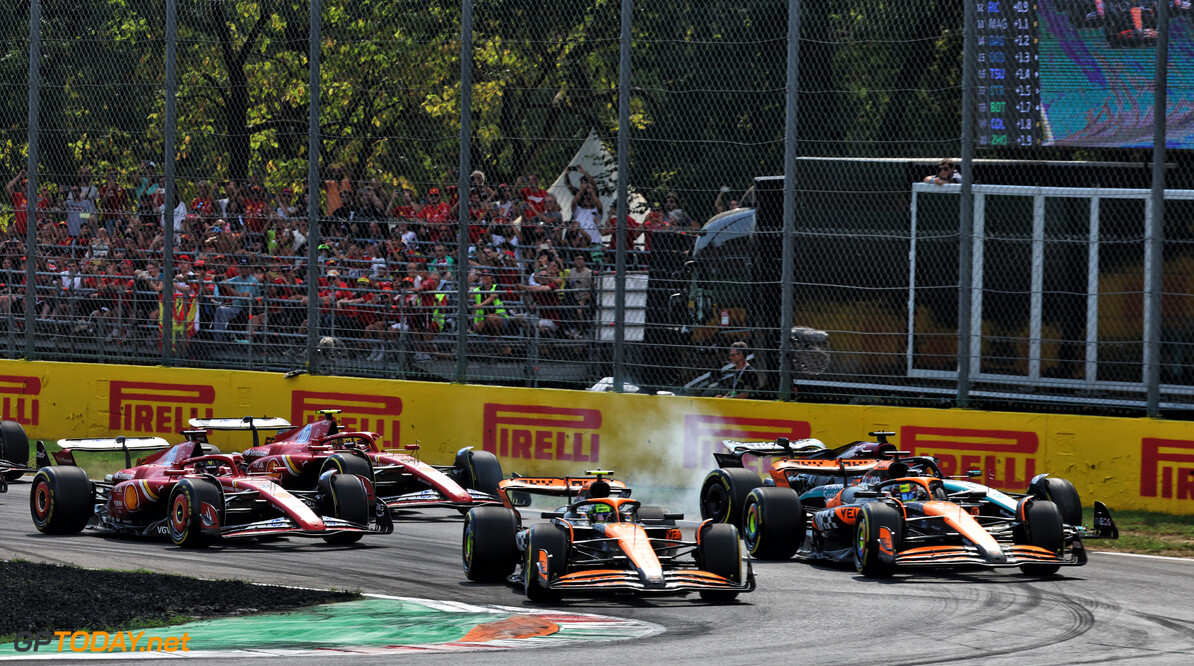 Formula One World Championship
Lando Norris (GBR) McLaren MCL38 leads team mate Oscar Piastri (AUS) McLaren MCL38 at the start of the race as George Russell (GBR) Mercedes AMG F1 W15 runs wide.

01.09.2024. Formula 1 World Championship, Rd 16, Italian Grand Prix, Monza, Italy, Race Day.

- www.xpbimages.com, EMail: requests@xpbimages.com (C) Copyright: Batchelor / XPB Images
Motor Racing - Formula One World Championship - Italian Grand Prix - Race Day - Monza, Italy
XPB Images
Monza
Italy

Formel1 Formel F1 Formula 1 Formula1 GP Grand Prix Italy Italian