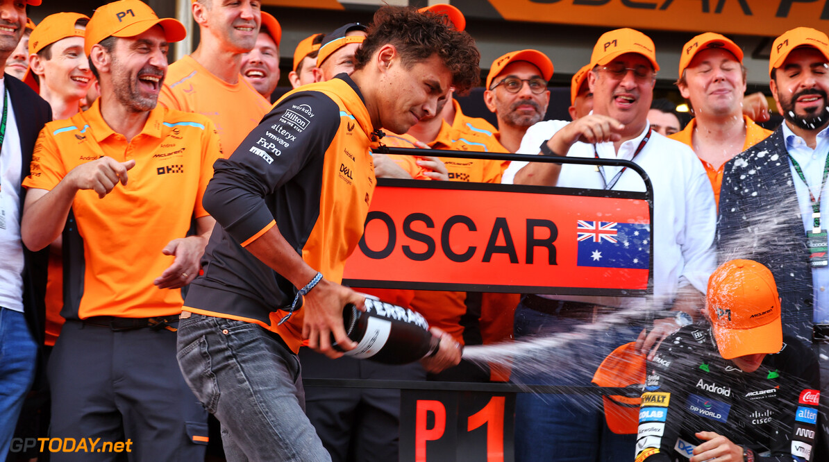 Formula One World Championship
Race winner Oscar Piastri (AUS) McLaren celebrates with team mate Lando Norris (GBR) McLaren and the team.

15.09.2024. Formula 1 World Championship, Rd 17, Azerbaijan Grand Prix, Baku Street Circuit, Azerbaijan, Race Day.

 - www.xpbimages.com, EMail: requests@xpbimages.com (C) Copyright: Coates / XPB Images
Motor Racing - Formula One World Championship - Azerbaijan Grand Prix - Race Day - Baku, Azerbaijan
XPB Images
Baku
Azerbaijan

Formel1 Formel F1 Formula 1 Formula1 GP Grand Prix one Circuit Baku Azerbaijan Sunday September 15 09 9 2024 Podium Portrait Winner  Victor Victory First Position First Place