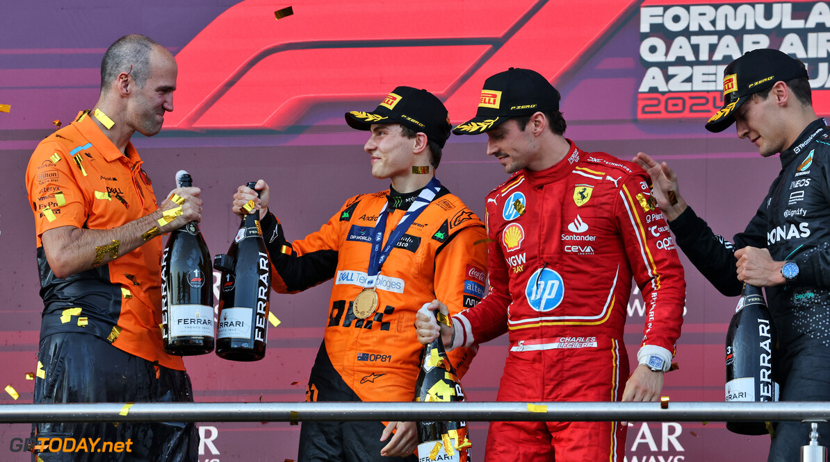 Formula One World Championship
The podium (L to R): Tom Stallard (GBR) McLaren Race Engineer; Charles Leclerc (MON) Ferrari, second; Oscar Piastri (AUS) McLaren, race winner; George Russell (GBR) Mercedes AMG F1, third.

15.09.2024. Formula 1 World Championship, Rd 17, Azerbaijan Grand Prix, Baku Street Circuit, Azerbaijan, Race Day.

- www.xpbimages.com, EMail: requests@xpbimages.com (C) Copyright: Batchelor / XPB Images
Motor Racing - Formula One World Championship - Azerbaijan Grand Prix - Race Day - Baku, Azerbaijan
XPB Images
Baku
Azerbaijan

Formel1 Formel F1 Formula 1 Formula1 GP Grand Prix one Circuit Baku Azerbaijan Sunday September 15 09 9 2024 Podium Portrait Winner  Victor Victory First Position First Place