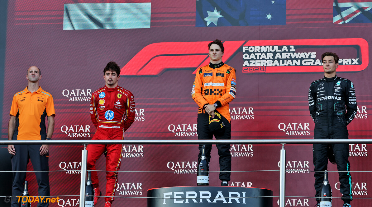 Formula One World Championship
The podium (L to R): Tom Stallard (GBR) McLaren Race Engineer; Charles Leclerc (MON) Ferrari, second; Oscar Piastri (AUS) McLaren, race winner; George Russell (GBR) Mercedes AMG F1, third.

15.09.2024. Formula 1 World Championship, Rd 17, Azerbaijan Grand Prix, Baku Street Circuit, Azerbaijan, Race Day.

- www.xpbimages.com, EMail: requests@xpbimages.com (C) Copyright: Batchelor / XPB Images
Motor Racing - Formula One World Championship - Azerbaijan Grand Prix - Race Day - Baku, Azerbaijan
XPB Images
Baku
Azerbaijan

Formel1 Formel F1 Formula 1 Formula1 GP Grand Prix one Circuit Baku Azerbaijan Sunday September 15 09 9 2024 Podium Portrait Winner  Victor Victory First Position First Place