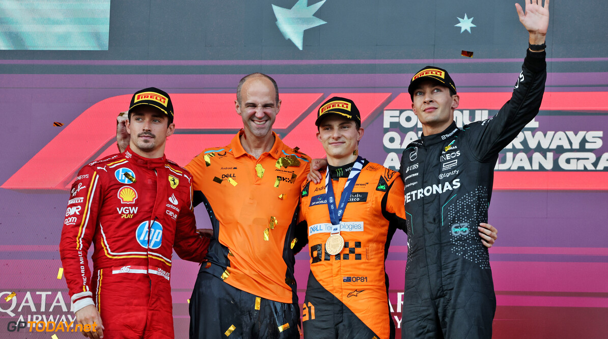 Formula One World Championship
The podium (L to R): Charles Leclerc (MON) Ferrari, second; Tom Stallard (GBR) McLaren Race Engineer; Oscar Piastri (AUS) McLaren, race winner; George Russell (GBR) Mercedes AMG F1, third.

15.09.2024. Formula 1 World Championship, Rd 17, Azerbaijan Grand Prix, Baku Street Circuit, Azerbaijan, Race Day.

- www.xpbimages.com, EMail: requests@xpbimages.com (C) Copyright: Batchelor / XPB Images
Motor Racing - Formula One World Championship - Azerbaijan Grand Prix - Race Day - Baku, Azerbaijan
XPB Images
Baku
Azerbaijan

Formel1 Formel F1 Formula 1 Formula1 GP Grand Prix one Circuit Baku Azerbaijan Sunday September 15 09 9 2024 Podium Portrait Winner  Victor Victory First Position First Place