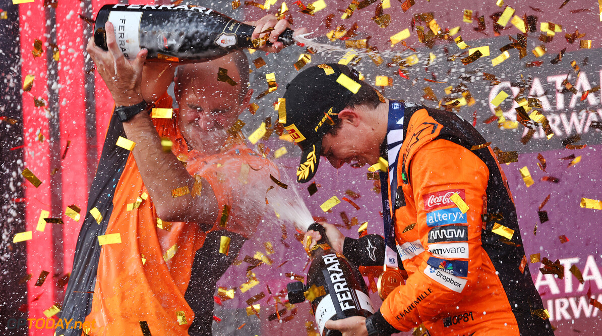 Formula One World Championship
Race winner Oscar Piastri (AUS) McLaren celebrates on the podium with Tom Stallard (GBR) McLaren Race Engineer.

15.09.2024. Formula 1 World Championship, Rd 17, Azerbaijan Grand Prix, Baku Street Circuit, Azerbaijan, Race Day.

 - www.xpbimages.com, EMail: requests@xpbimages.com (C) Copyright: Coates / XPB Images
Motor Racing - Formula One World Championship - Azerbaijan Grand Prix - Race Day - Baku, Azerbaijan
XPB Images
Baku
Azerbaijan

Formel1 Formel F1 Formula 1 Formula1 GP Grand Prix one Circuit Baku Azerbaijan Sunday September 15 09 9 2024 Podium Portrait Winner  Victor Victory First Position First Place