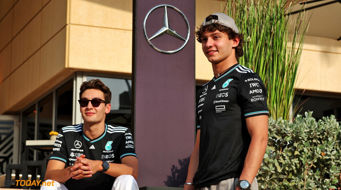 Formula One World Championship
(L to R): George Russell (GBR) Mercedes AMG F1 with team mate Andrea Kimi Antonelli (ITA) Mercedes AMG F1.

10.04.2025. Formula 1 World Championship, Rd 4, Bahrain Grand Prix, Sakhir, Bahrain, Preparation Day.

- www.xpbimages.com, EMail: requests@xpbimages.com (C) Copyright: Moy / XPB Images
Motor Racing - Formula One World Championship - Bahrain Grand Prix - Preparation Day - Sakhir, Bahrain
xpbimages.com
Sakhir
Bahrain

Formel1 Formel F1 Formula 1 Formula1 GP Grand Prix one Thursday Bahrain International Circuit BIC Manama Bahrain Sakhir April 10 04 4 2025 Portrait