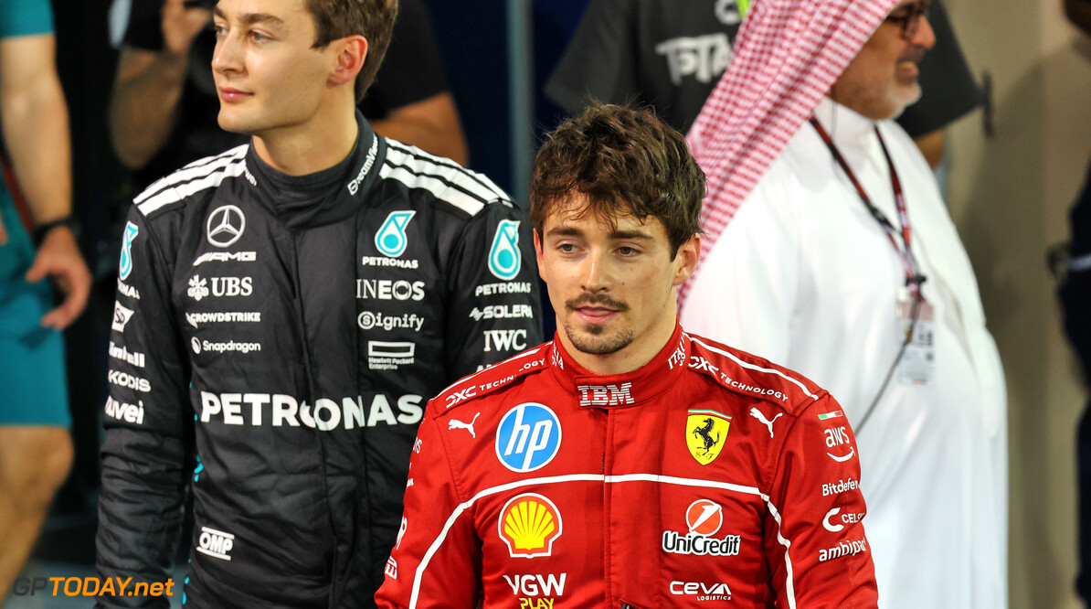 Formula One World Championship
Third placed Charles Leclerc (MON) Ferrari in qualifying parc ferme with second placed George Russell (GBR) Mercedes AMG F1.

12.04.2025. Formula 1 World Championship, Rd 4, Bahrain Grand Prix, Sakhir, Bahrain, Qualifying Day.

- www.xpbimages.com, EMail: requests@xpbimages.com (C) Copyright: Batchelor / XPB Images
Motor Racing - Formula One World Championship - Bahrain Grand Prix - Qualifying Day - Sakhir, Bahrain
xpbimages.com
Sakhir
Bahrain

Formel1 Formel F1 Formula 1 Formula1 GP Grand Prix one Bahrain International Circuit BIC Manama Bahrain Sakhir Saturday April 12 04 4 2025 Qualifying Portrait