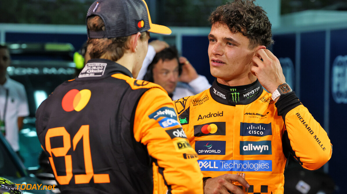 Formula One World Championship
Second placed Lando Norris (GBR) McLaren with race winner Oscar Piastri (AUS) McLaren in parc ferme.

13.04.2025. Formula 1 World Championship, Rd 4, Bahrain Grand Prix, Sakhir, Bahrain, Race Day.

- www.xpbimages.com, EMail: requests@xpbimages.com (C) Copyright: Batchelor / XPB Images
Motor Racing - Formula One World Championship - Bahrain Grand Prix - Race Day - Sakhir, Bahrain
xpbimages.com
Sakhir
Bahrain

Formel1 Formel F1 Formula 1 Formula1 GP Grand Prix one Bahrain International Circuit BIC Manama Bahrain Sakhir Sunday April 13 04 4 2025 Podium Portrait Winner  Victor Victory First Position First Place