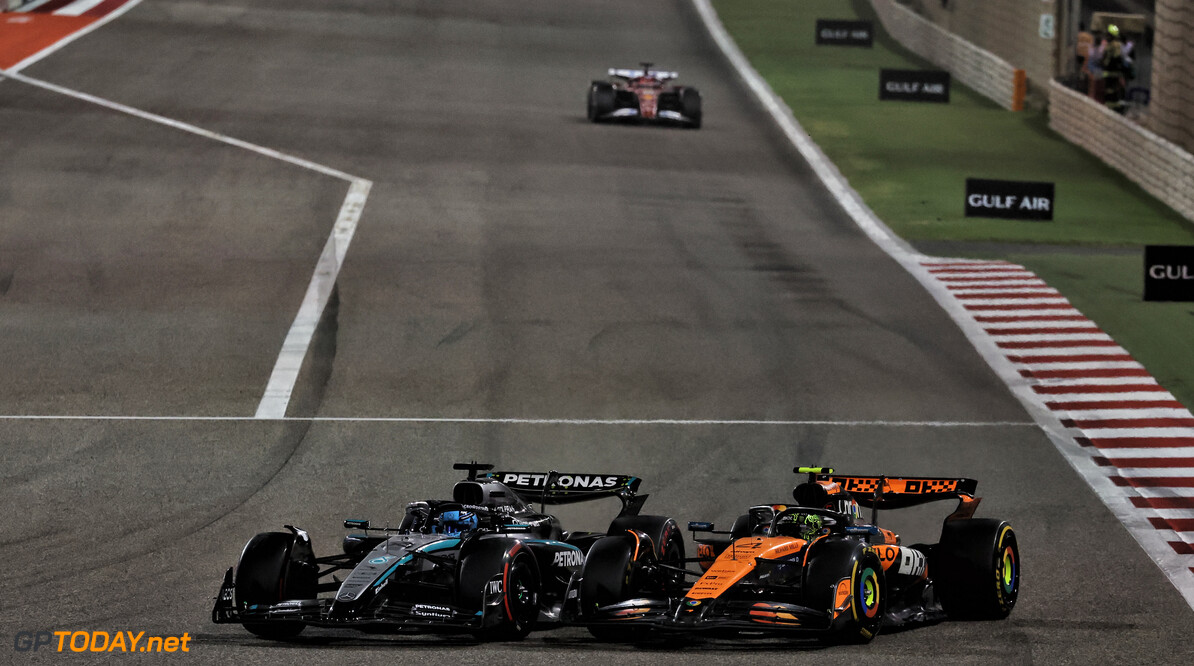 Formula One World Championship
George Russell (GBR) Mercedes AMG F1 W16 and Lando Norris (GBR) McLaren MCL39 battle for second position at the end of the race.

13.04.2025. Formula 1 World Championship, Rd 4, Bahrain Grand Prix, Sakhir, Bahrain, Race Day.

- www.xpbimages.com, EMail: requests@xpbimages.com (C) Copyright: Moy / XPB Images
Motor Racing - Formula One World Championship - Bahrain Grand Prix - Race Day - Sakhir, Bahrain
xpbimages.com
Sakhir
Bahrain

Formel1 Formel F1 Formula 1 Formula1 GP Grand Prix one Bahrain International Circuit BIC Manama Bahrain Sakhir Sunday April 13 04 4 2025 Race Action Track finish
