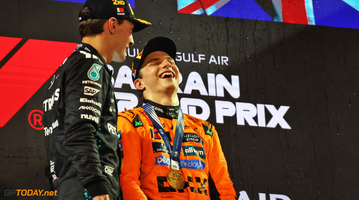 Formula One World Championship
(L to R): Second placed George Russell (GBR) Mercedes AMG F1 on the podium with race winner Oscar Piastri (AUS) McLaren.

13.04.2025. Formula 1 World Championship, Rd 4, Bahrain Grand Prix, Sakhir, Bahrain, Race Day.

- www.xpbimages.com, EMail: requests@xpbimages.com (C) Copyright: Batchelor / XPB Images
Motor Racing - Formula One World Championship - Bahrain Grand Prix - Race Day - Sakhir, Bahrain
xpbimages.com
Sakhir
Bahrain

Formel1 Formel F1 Formula 1 Formula1 GP Grand Prix one Bahrain International Circuit BIC Manama Bahrain Sakhir Sunday April 13 04 4 2025 Podium Portrait Winner  Victor Victory First Position First Place