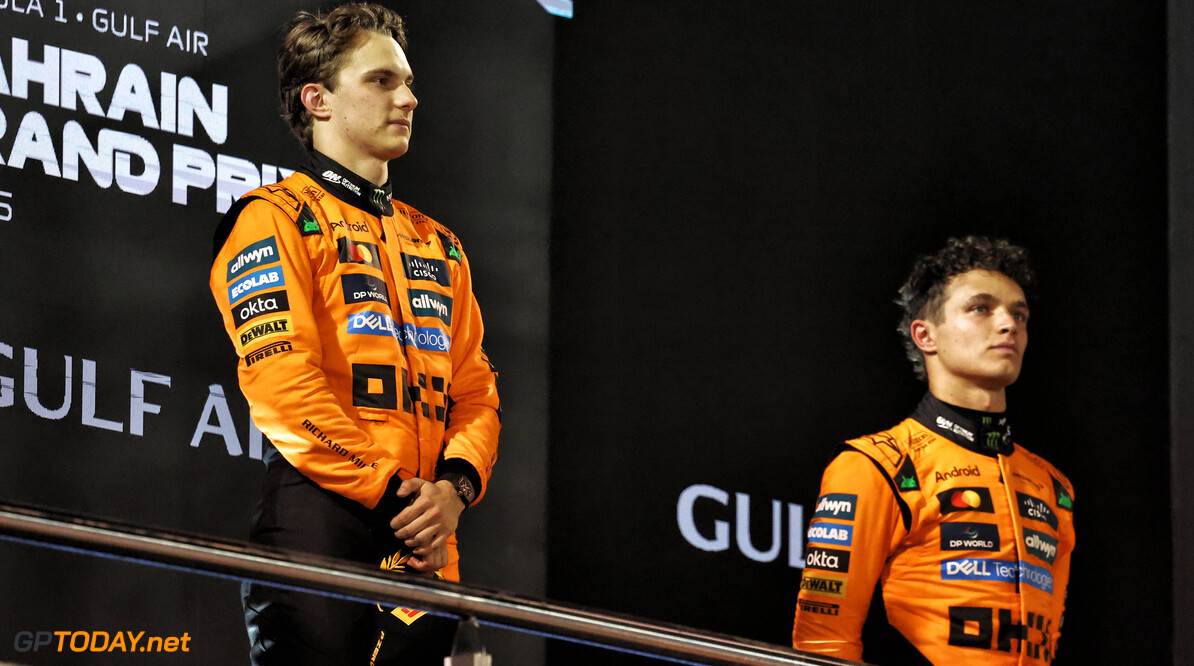 Formula One World Championship
(L to R): Race winner Oscar Piastri (AUS) McLaren on the podium with third placed team mate Lando Norris (GBR) McLaren.

13.04.2025. Formula 1 World Championship, Rd 4, Bahrain Grand Prix, Sakhir, Bahrain, Race Day.

- www.xpbimages.com, EMail: requests@xpbimages.com (C) Copyright: Moy / XPB Images
Motor Racing - Formula One World Championship - Bahrain Grand Prix - Race Day - Sakhir, Bahrain
xpbimages.com
Sakhir
Bahrain

Formel1 Formel F1 Formula 1 Formula1 GP Grand Prix one Bahrain International Circuit BIC Manama Bahrain Sakhir Sunday April 13 04 4 2025 Podium Portrait Winner  Victor Victory First Position First Place