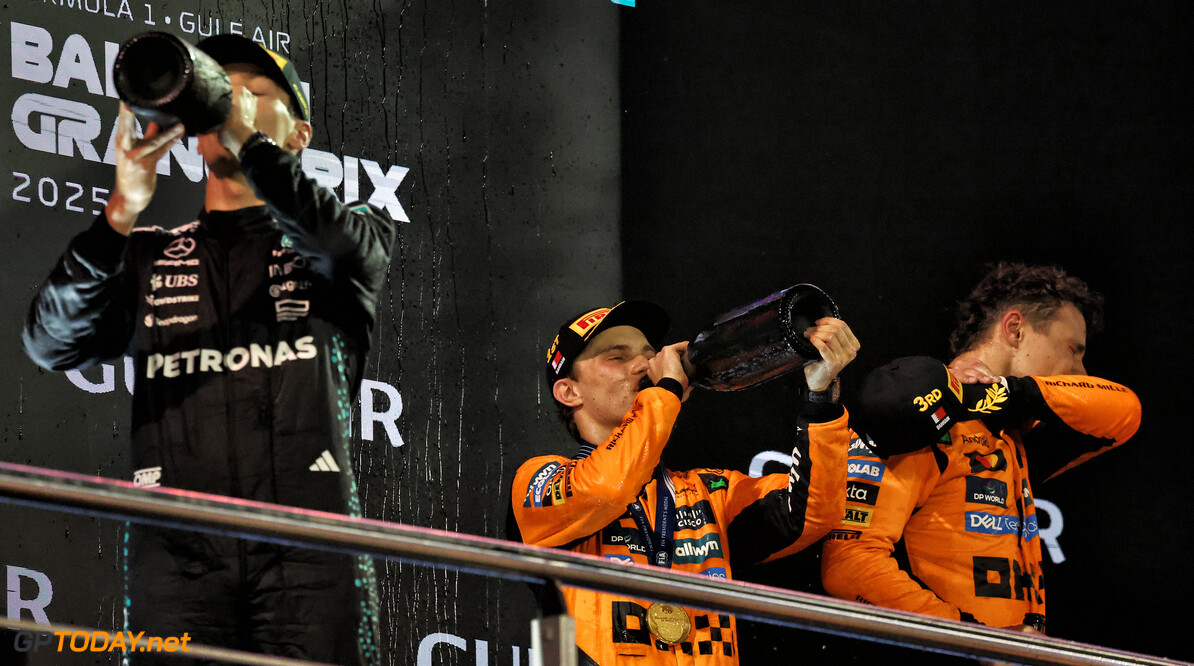 Formula One World Championship
The podium (L to R): George Russell (GBR) Mercedes AMG F1, second; Oscar Piastri (AUS) McLaren, race winner; Lando Norris (GBR) McLaren, third.

13.04.2025. Formula 1 World Championship, Rd 4, Bahrain Grand Prix, Sakhir, Bahrain, Race Day.

- www.xpbimages.com, EMail: requests@xpbimages.com (C) Copyright: Moy / XPB Images
Motor Racing - Formula One World Championship - Bahrain Grand Prix - Race Day - Sakhir, Bahrain
xpbimages.com
Sakhir
Bahrain

Formel1 Formel F1 Formula 1 Formula1 GP Grand Prix one Bahrain International Circuit BIC Manama Bahrain Sakhir Sunday April 13 04 4 2025 Podium Portrait Winner  Victor Victory First Position First Place