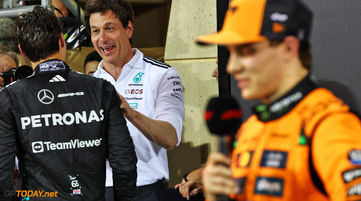 Formula One World Championship
Toto Wolff (GER) Mercedes AMG F1 Shareholder and Executive Director celebrates with second placed George Russell (GBR) Mercedes AMG F1 in parc ferme.

13.04.2025. Formula 1 World Championship, Rd 4, Bahrain Grand Prix, Sakhir, Bahrain, Race Day.

- www.xpbimages.com, EMail: requests@xpbimages.com (C) Copyright: Batchelor / XPB Images
Motor Racing - Formula One World Championship - Bahrain Grand Prix - Race Day - Sakhir, Bahrain
xpbimages.com
Sakhir
Bahrain

Formel1 Formel F1 Formula 1 Formula1 GP Grand Prix one Bahrain International Circuit BIC Manama Bahrain Sakhir Sunday April 13 04 4 2025 Podium Portrait