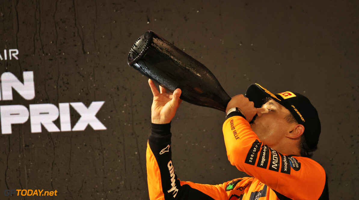 Formula One World Championship
Lando Norris (GBR) McLaren celebrates his third position on the podium.

13.04.2025. Formula 1 World Championship, Rd 4, Bahrain Grand Prix, Sakhir, Bahrain, Race Day.

- www.xpbimages.com, EMail: requests@xpbimages.com (C) Copyright: Bearne / XPB Images
Motor Racing - Formula One World Championship - Bahrain Grand Prix - Race Day - Sakhir, Bahrain
xpbimages.com
Sakhir
Bahrain

Formel1 Formel F1 Formula 1 Formula1 GP Grand Prix one Bahrain International Circuit BIC Manama Bahrain Sakhir Sunday April 13 04 4 2025 Podium Portrait