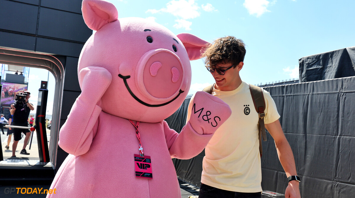 Formula One World Championship
(L to R): Percy Pig (GBR) Fruit Gum with Oliver Bearman (GBR) Haas F1 Team.

03.07.2025. Formula 1 World Championship, Rd 12, British Grand Prix, Silverstone, England, Preparation Day.

- www.xpbimages.com, EMail: requests@xpbimages.com (C) Copyright: Moy / XPB Images
Motor Racing - Formula One World Championship - British Grand Prix - Preparation Day - Silverstone, England
XPB Images
Silverstone
England

July Formel1 Formel F1 Formula 1 Formula1 GP Grand Prix one Thursday Circuit Silverstone England Britain British United Kingdom UK 03 3 07 7 2025 Portrait Oli Oliver Ollie