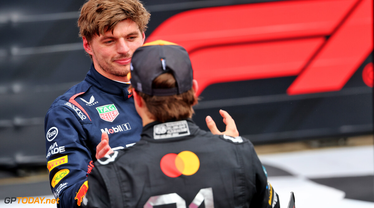Formula One World Championship
Max Verstappen (NLD) Red Bull Racing celebrates his pole position in qualifying parc ferme with second placed Oscar Piastri (AUS) McLaren.

05.07.2025. Formula 1 World Championship, Rd 12, British Grand Prix, Silverstone, England, Qualifying Day.

- www.xpbimages.com, EMail: requests@xpbimages.com (C) Copyright: Batchelor / XPB Images
Motor Racing - Formula One World Championship - British Grand Prix - Qualifying Day - Silverstone, England
XPB Images
Silverstone
England

July Formel1 Formel F1 Formula 1 Formula1 GP Grand Prix one Circuit Silverstone England Britain British United Kingdom UK Saturday 05 5 07 7 2025 Qualifying Portrait