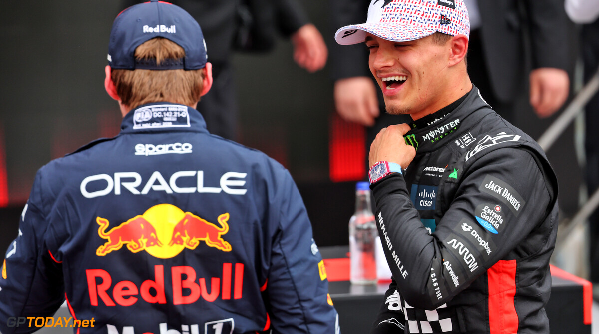 Formula One World Championship
(L to R): Max Verstappen (NLD) Red Bull Racing with Lando Norris (GBR) McLaren in qualifying parc ferme.

05.07.2025. Formula 1 World Championship, Rd 12, British Grand Prix, Silverstone, England, Qualifying Day.

- www.xpbimages.com, EMail: requests@xpbimages.com (C) Copyright: Batchelor / XPB Images
Motor Racing - Formula One World Championship - British Grand Prix - Qualifying Day - Silverstone, England
XPB Images
Silverstone
England

July Formel1 Formel F1 Formula 1 Formula1 GP Grand Prix one Circuit Silverstone England Britain British United Kingdom UK Saturday 05 5 07 7 2025 Qualifying Portrait