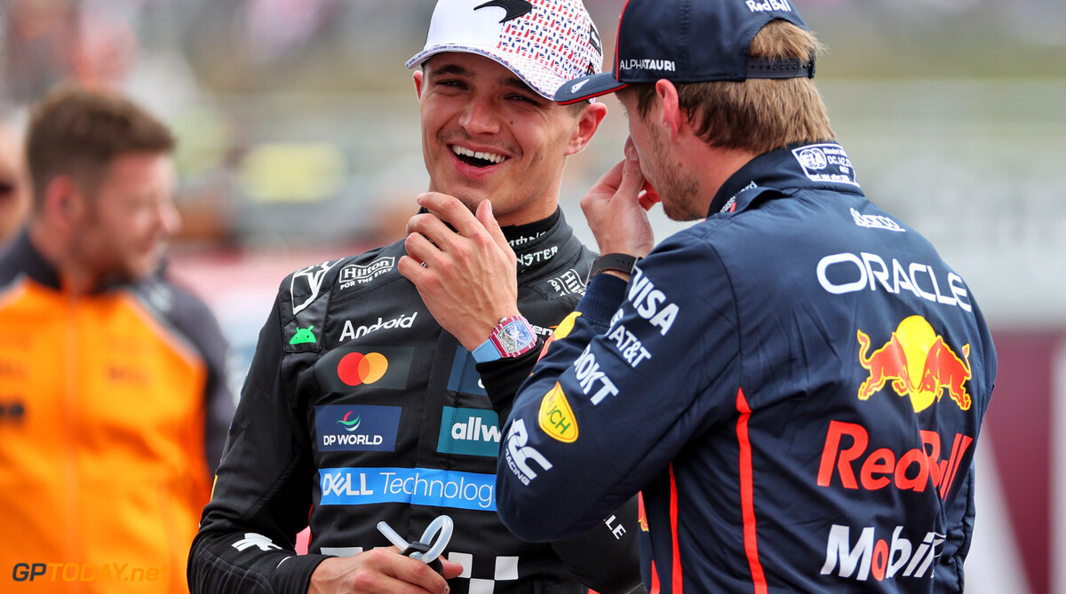 Formula One World Championship
(L to R): Lando Norris (GBR) McLaren with Max Verstappen (NLD) Red Bull Racing in qualifying parc ferme.

05.07.2025. Formula 1 World Championship, Rd 12, British Grand Prix, Silverstone, England, Qualifying Day.

- www.xpbimages.com, EMail: requests@xpbimages.com (C) Copyright: Davenport / XPB Images
Motor Racing - Formula One World Championship - British Grand Prix - Qualifying Day - Silverstone, England
XPB Images
Silverstone
England

July Formel1 Formel F1 Formula 1 Formula1 GP Grand Prix one Circuit Silverstone England Britain British United Kingdom UK Saturday 05 5 07 7 2025 Qualifying Portrait David