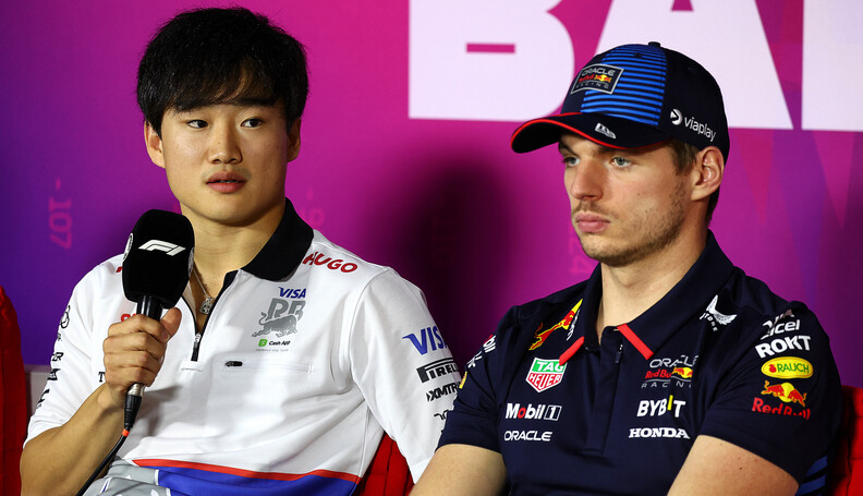 Formula One World Championship
(L to R): Yuki Tsunoda (JPN) RB and Max Verstappen (NLD) Red Bull Racing in the FIA Press Conference.

23.02.2024. Formula 1 Testing, Sakhir, Bahrain, Day Three.

- www.xpbimages.com, EMail: requests@xpbimages.com (C) Copyright: Charniaux / XPB Images
Motor Racing - Formula One Testing - Day Three - Sakhir, Bahrain
xpbimages.com
Sakhir
Bahrain

Formel1 Formel F1 Formula 1 Formula1 Test Testing one Bahrain In