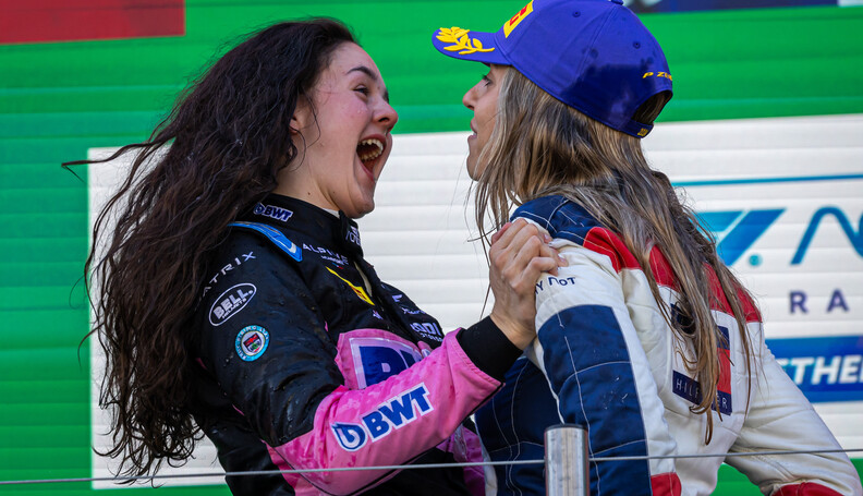 FIA Formula Academy
(L to R): Race winner Abbi ...